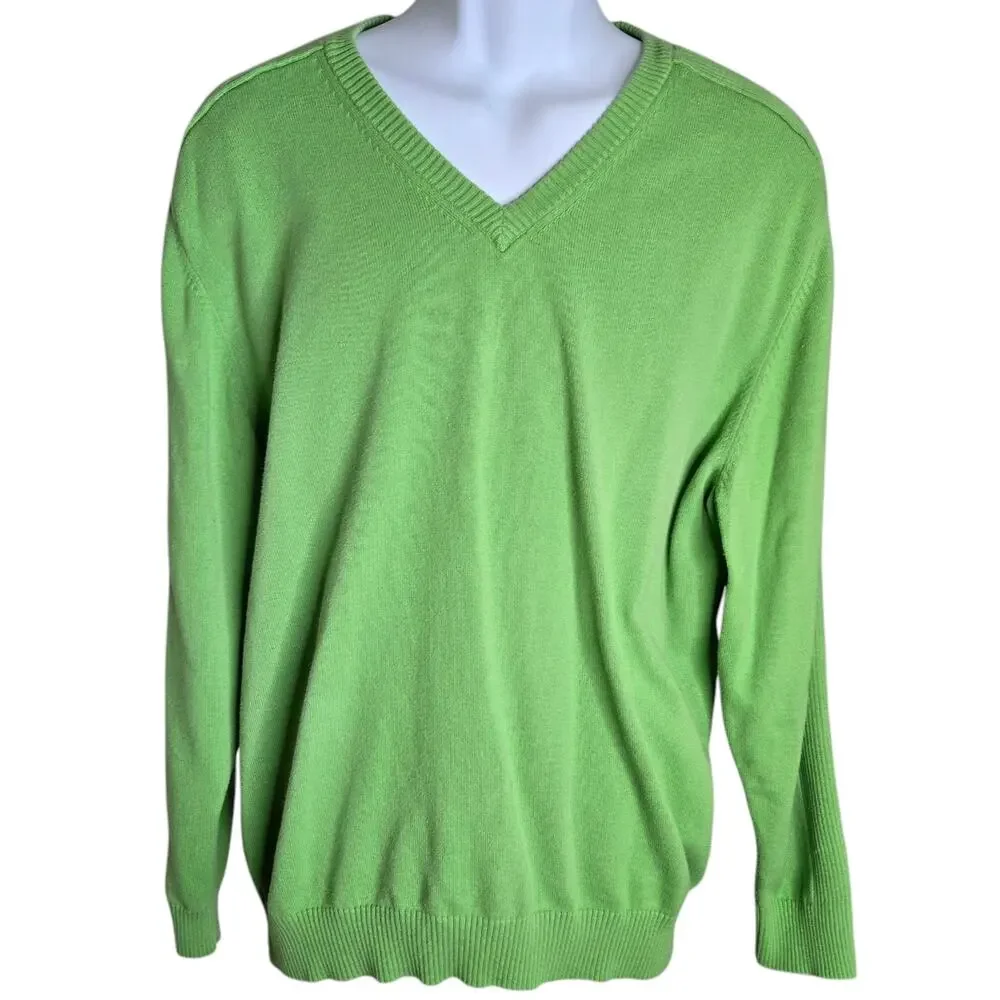Jack Nicklaus Mens Preppy V Neck Sweater Size Large Green Cotton Knit Pullover